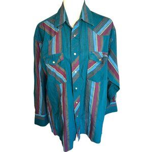 Wrangler Men's Teal and Multicolor Striped Casual Button Down Shirt